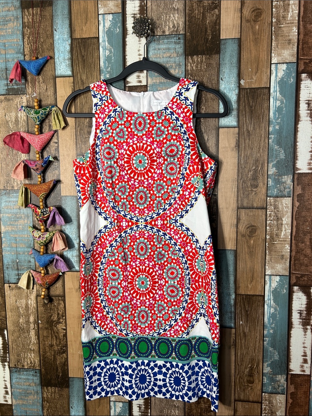 London Times Red Medallion Sheath Dress with Blue & Green Trim